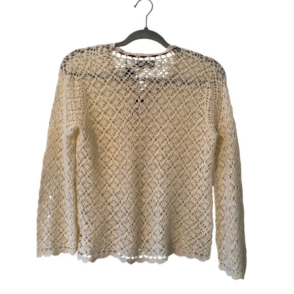 Vintage DKNY Jeans Ivory Crochet Lace Button Up Cardigan With Red Ribbon Tie - Picture 2 of 11